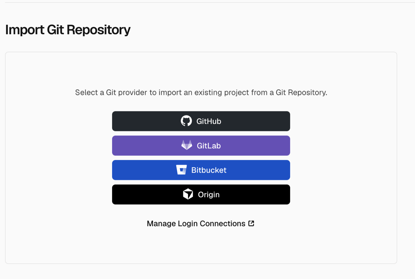 Vercel's Import Git Repository screen offering GitHub, GitLab, Bitbucket and Origin as providers.