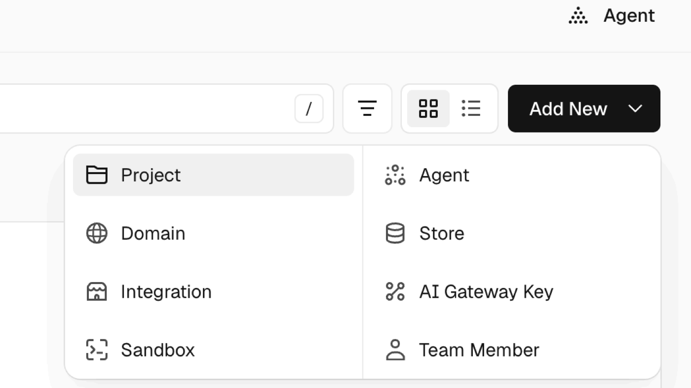 The Vercel dashboard's Add New button expanded, showing a menu with Project highlighted.