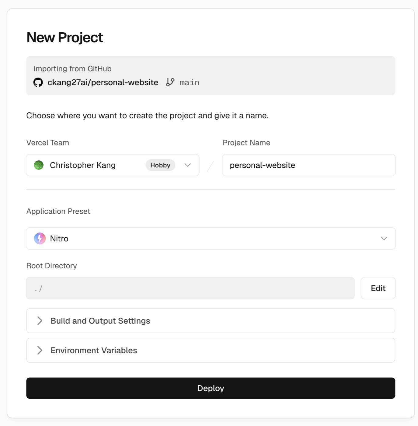 Vercel's New Project screen showing the Hobby team, project name, an auto-detected Application Preset, and a Deploy button.
