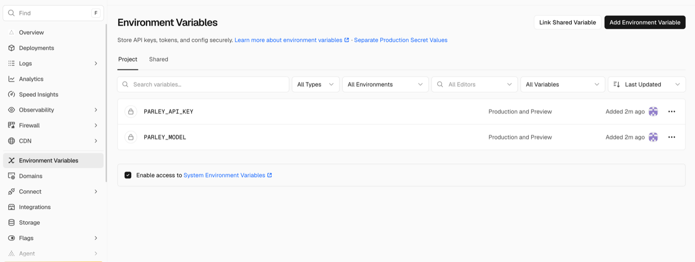 Vercel's Environment Variables page, reached from the left menu, listing PARLEY_API_KEY and PARLEY_MODEL with padlock icons.