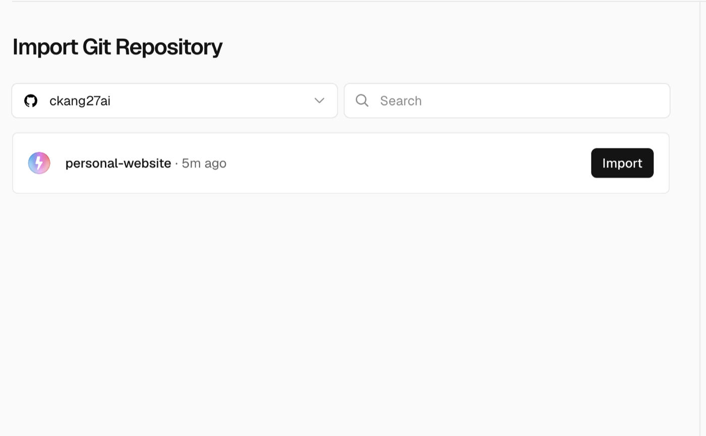 Vercel listing one GitHub repository with an Import button beside it.
