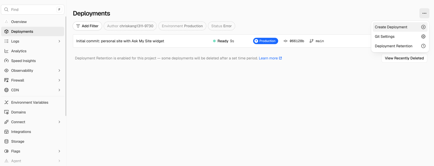Vercel's Deployments page with the top-right menu open, showing a Create Deployment option.