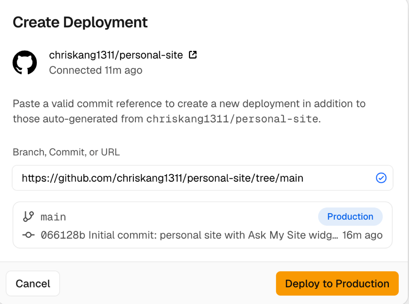 Vercel's Create Deployment dialog with the main branch already filled in and a Deploy to Production button.