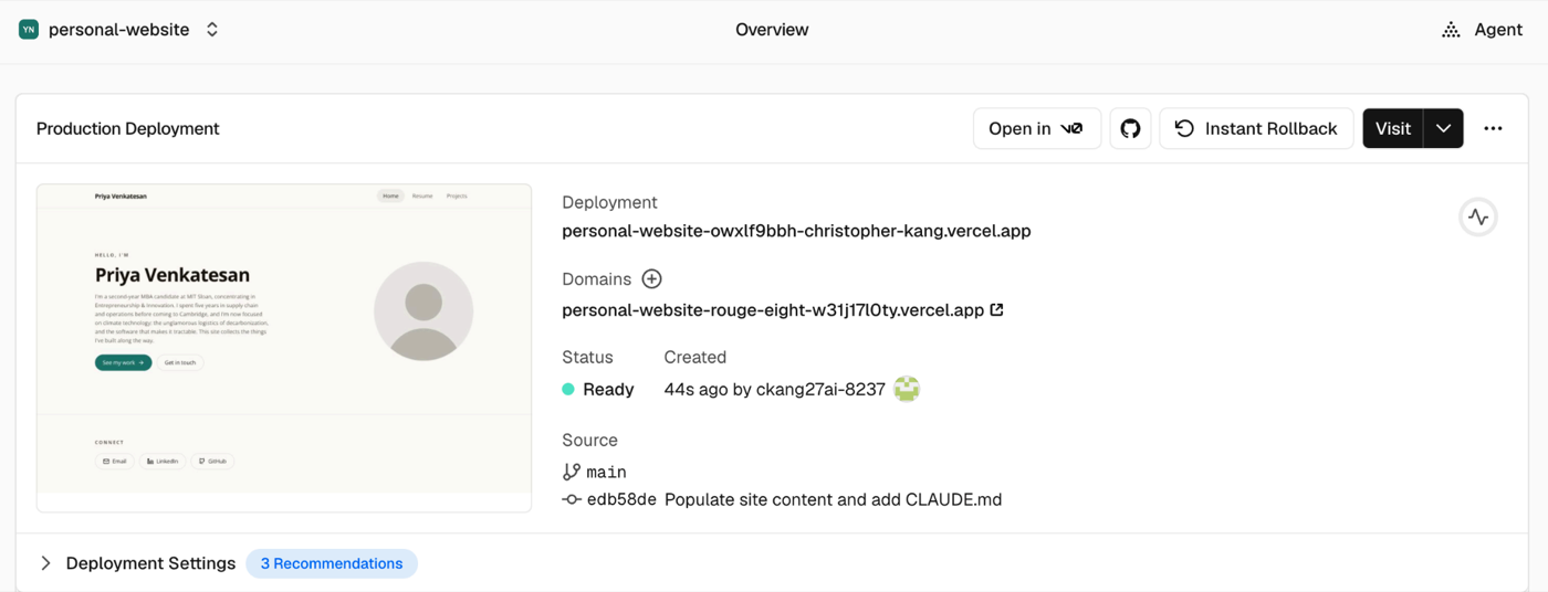 A Vercel project overview showing a site preview, a Deployment address, a Domains address, and a Ready status.